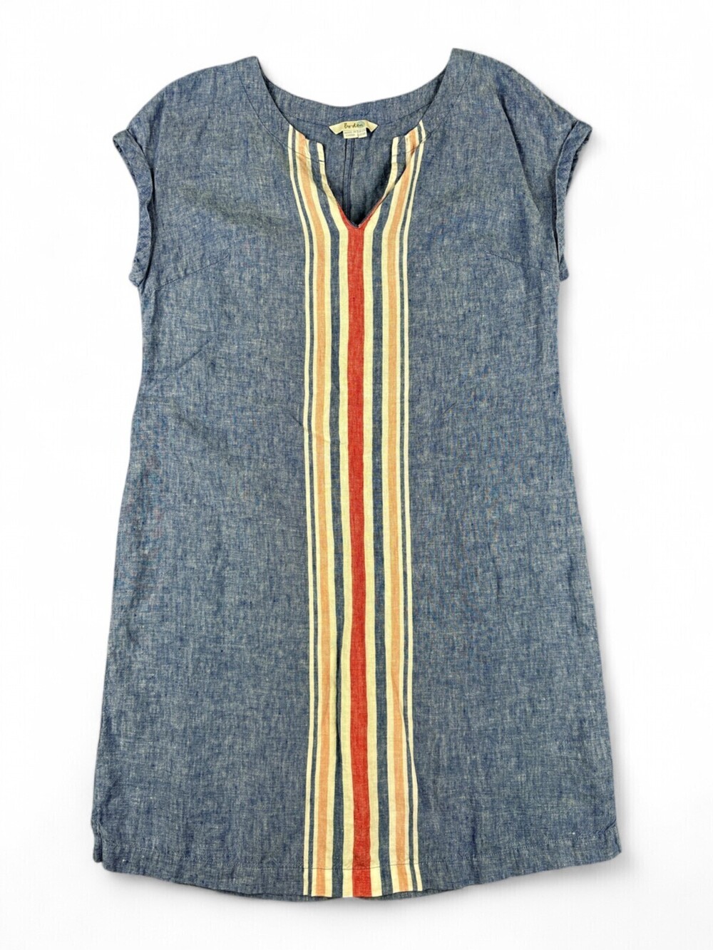 Boden 100% Linen Midi Dress Size 8 Striped Center Panel